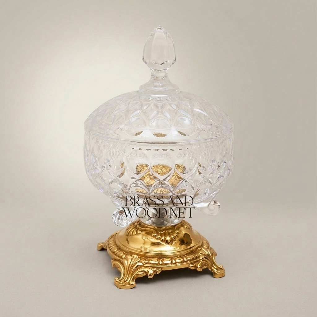 Classical Cut Crystal Bonbonniere with Ornate Brass Footed Base — Gold