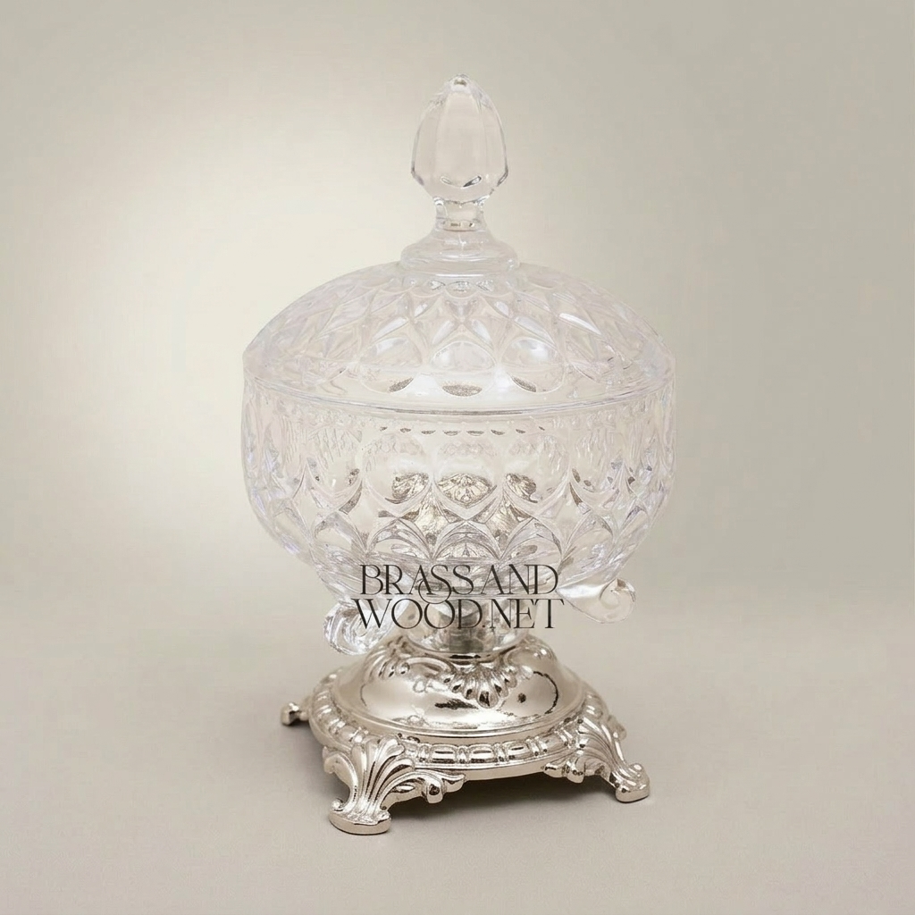 Classical Cut Crystal Bonbonniere with Ornate Brass Footed Base — Silver