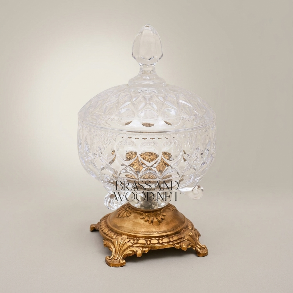 Classical Cut Crystal Bonbonniere with Ornate Brass Footed Base — Antique Gold