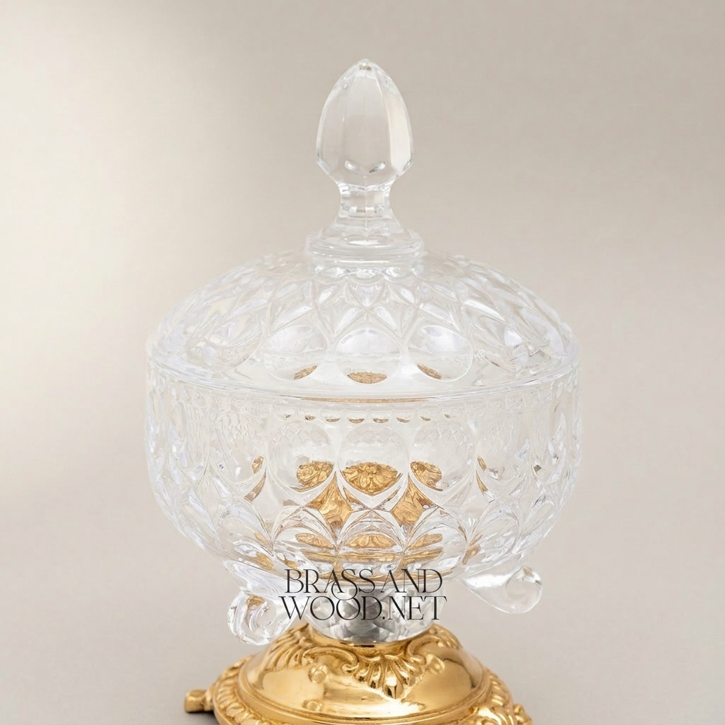 Classical Cut Crystal Bonbonniere with Ornate Brass Footed Base — Gold