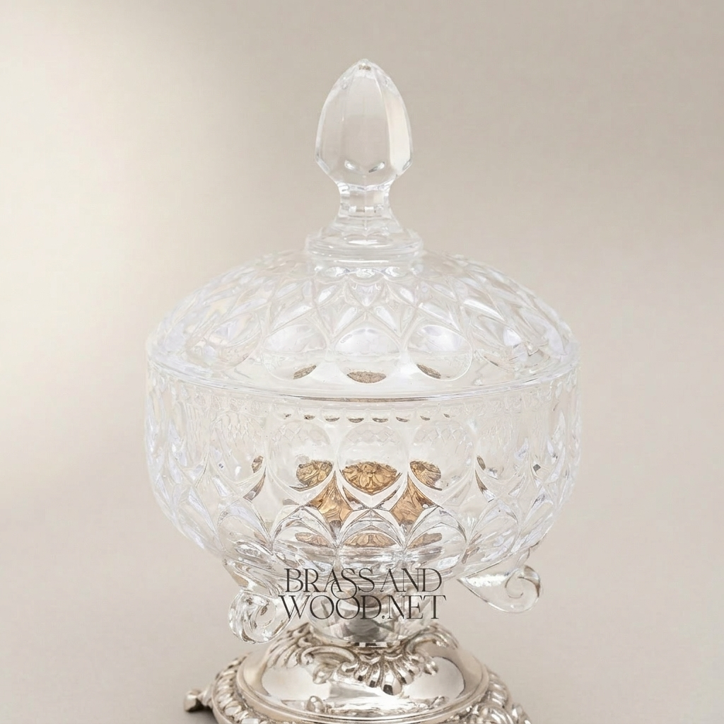Classical Cut Crystal Bonbonniere with Ornate Brass Footed Base — Silver
