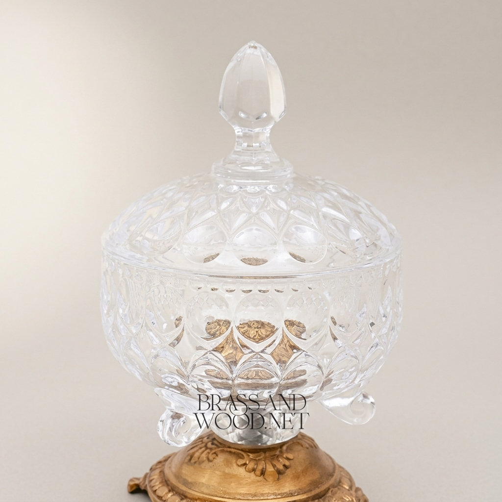 Classical Cut Crystal Bonbonniere with Ornate Brass Footed Base — Antique Gold