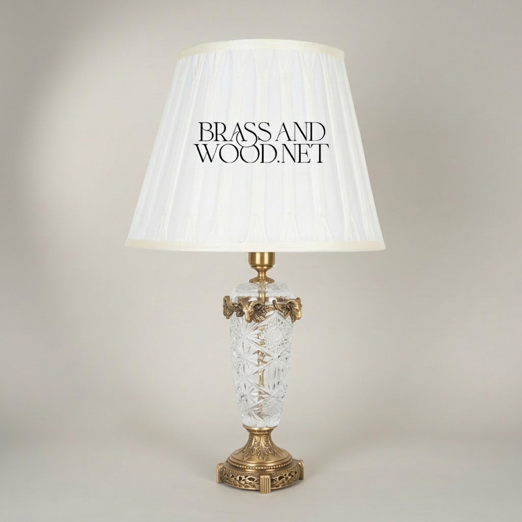 Classical Cut Crystal & Brass Table Lamp - Vase Body with Pleated Shade — Antique Gold