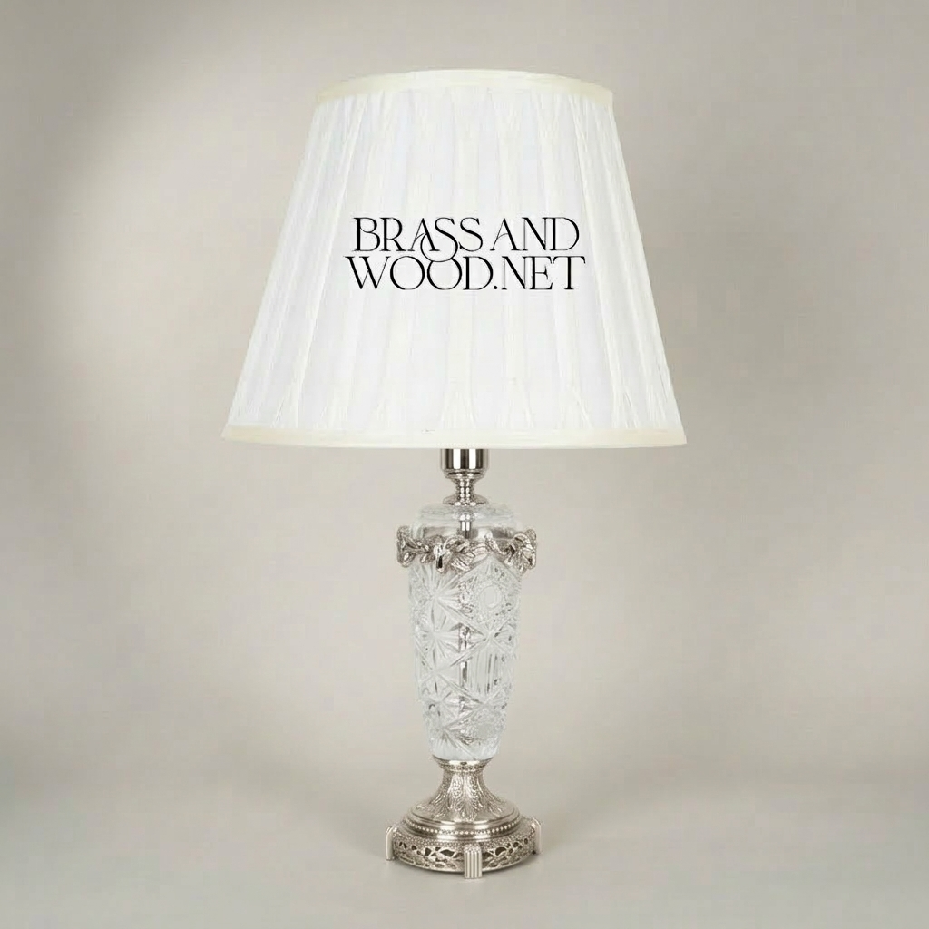 Classical Cut Crystal & Brass Table Lamp - Vase Body with Pleated Shade — Silver