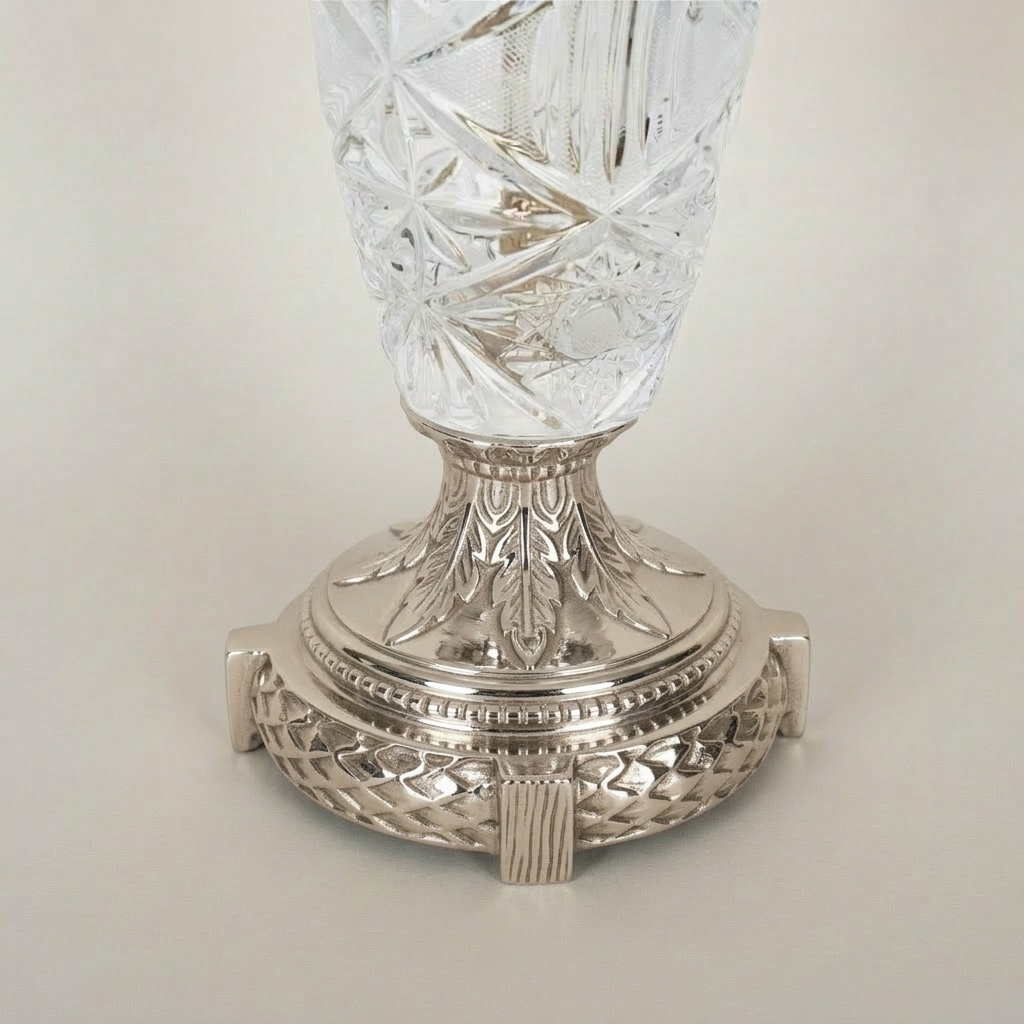 Classical Cut Crystal & Brass Table Lamp - Vase Body with Pleated Shade — Silver