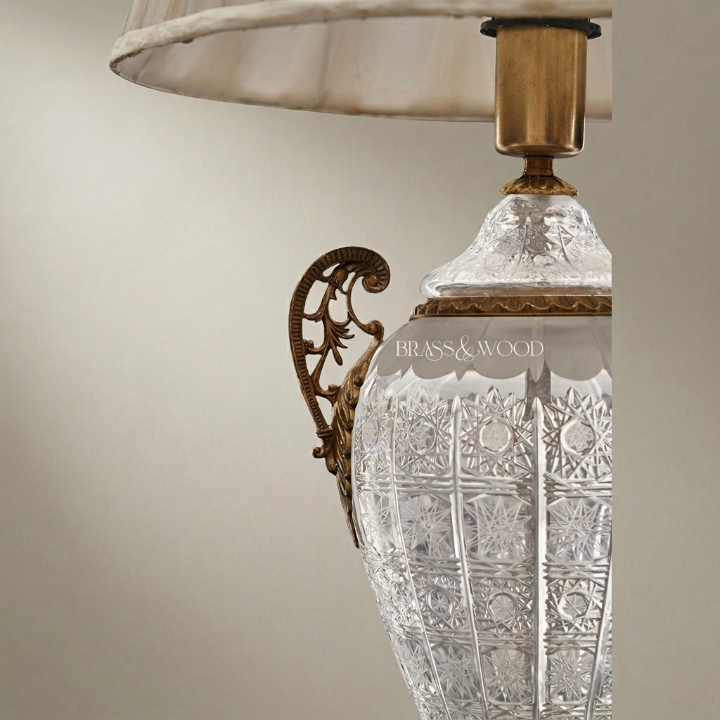 Classical Cut Crystal Urn Table Lamp with Ornate Brass Base & Cream Pleated Shade — Antique Gold