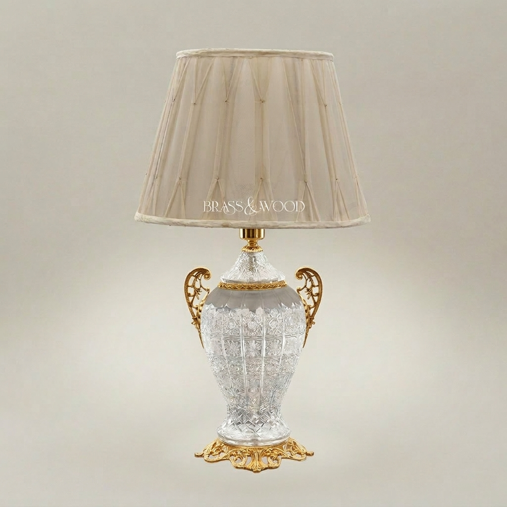 Classical Cut Crystal Urn Table Lamp with Ornate Brass Base & Cream Pleated Shade