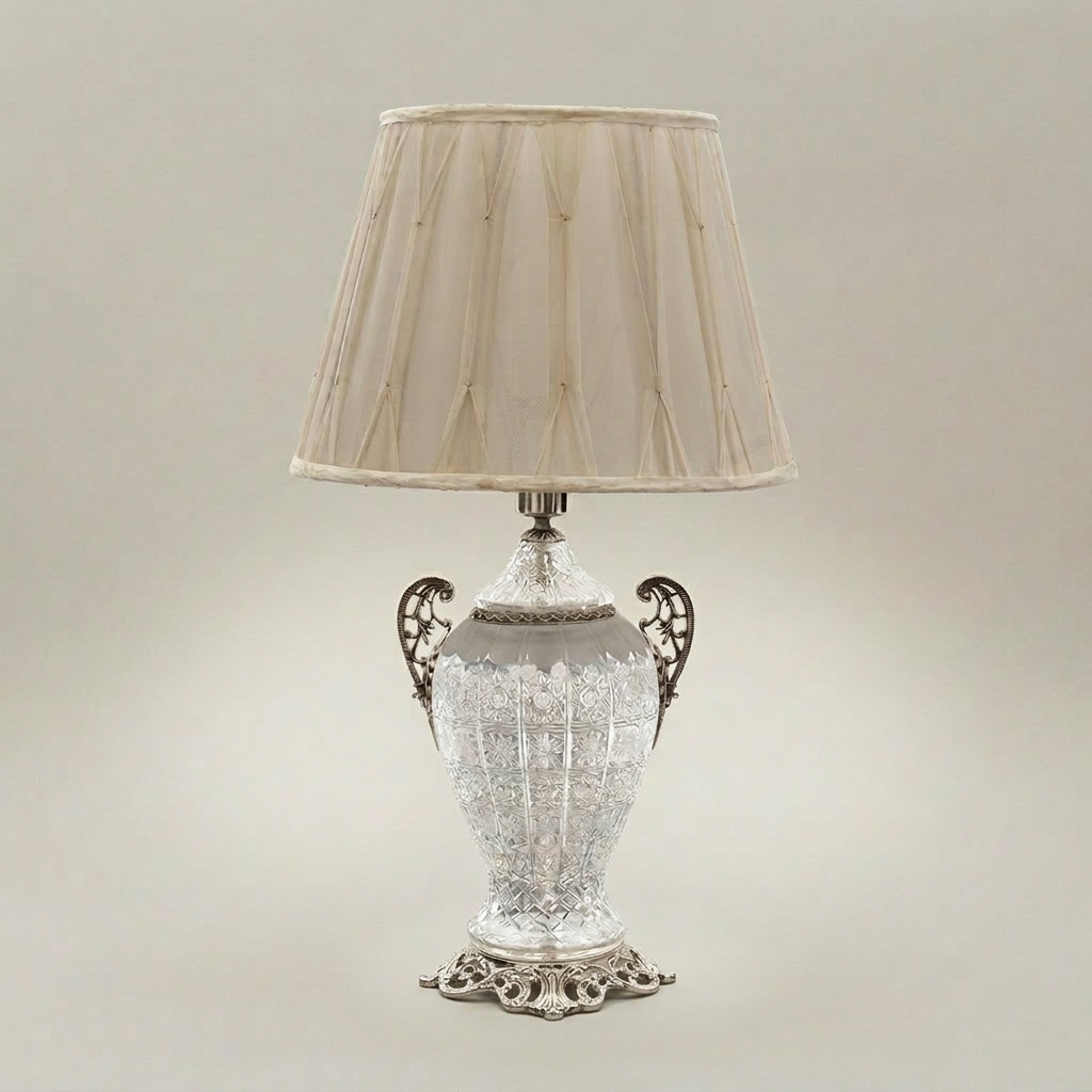 Classical Cut Crystal Urn Table Lamp with Ornate Brass Base & Cream Pleated Shade — Silver