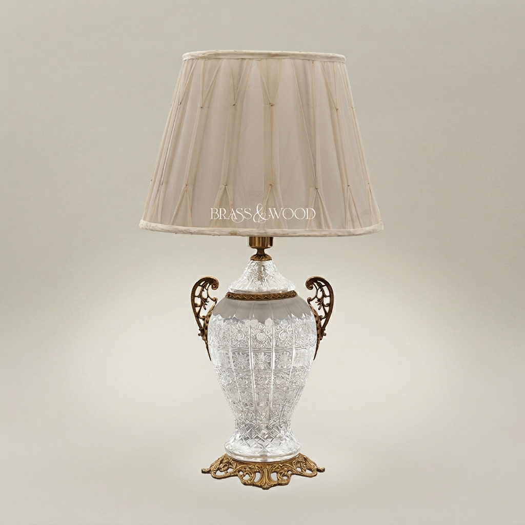 Classical Cut Crystal Urn Table Lamp with Ornate Brass Base & Cream Pleated Shade — Antique Gold