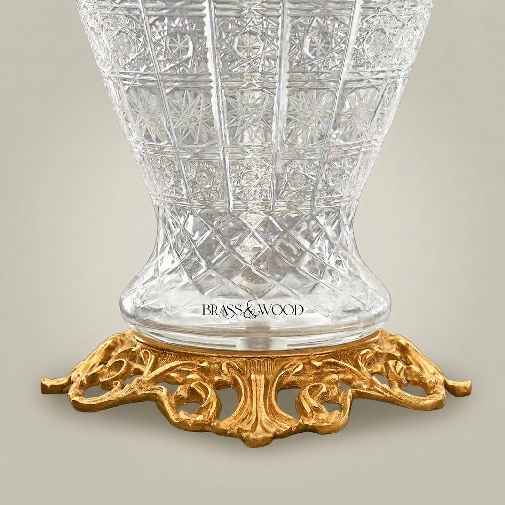Classical Cut Crystal Urn Table Lamp with Ornate Brass Base & Cream Pleated Shade — Gold