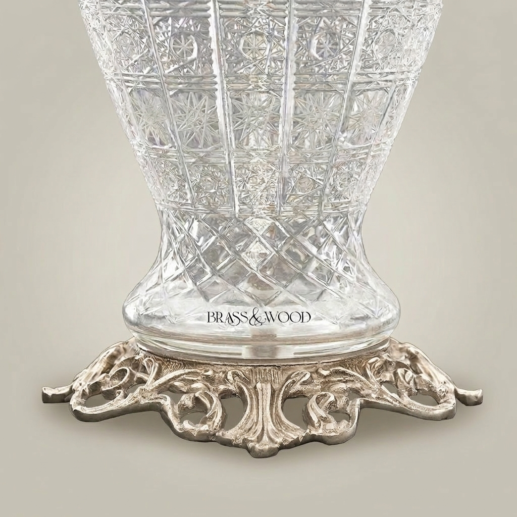 Classical Cut Crystal Urn Table Lamp with Ornate Brass Base & Cream Pleated Shade — Silver