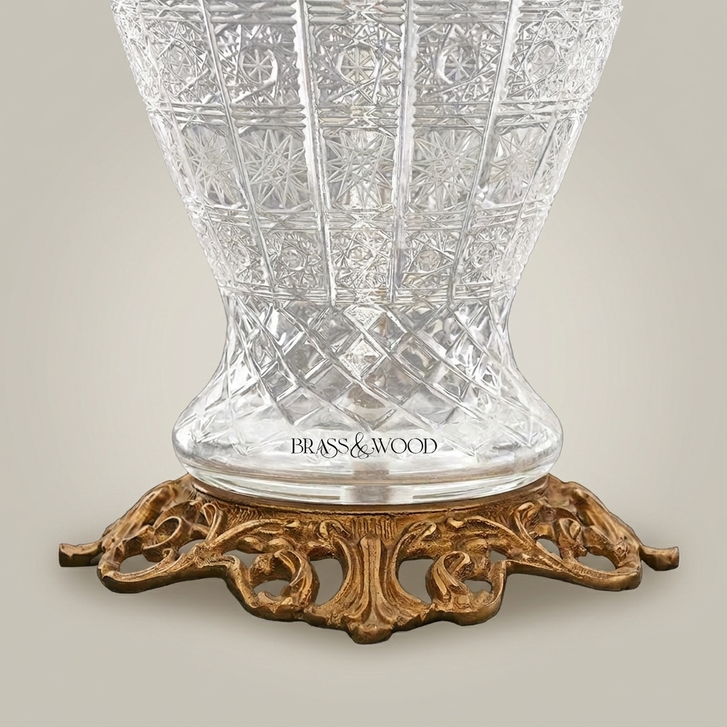 Classical Cut Crystal Urn Table Lamp with Ornate Brass Base & Cream Pleated Shade — Antique Gold