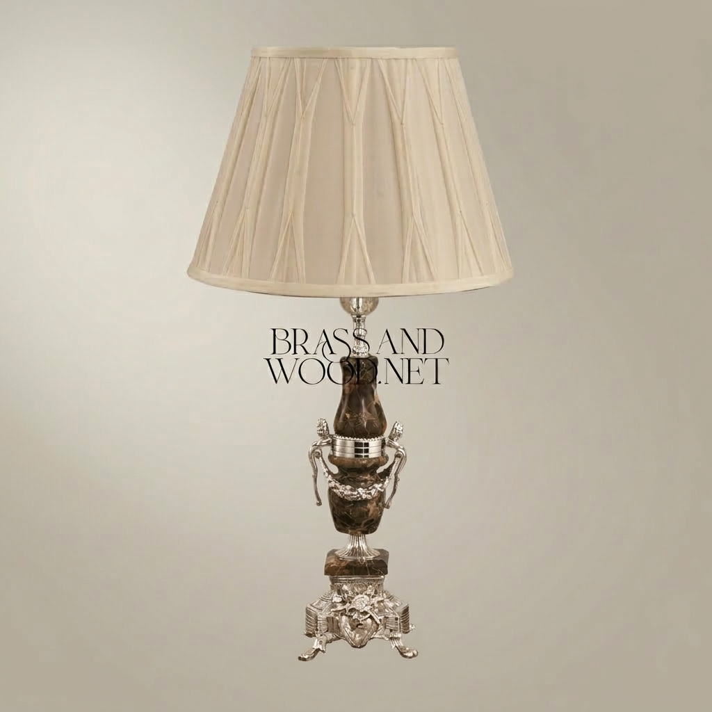 Classical Emperador Marble & Brass Table Lamp - Ornate Urn Base — Silver