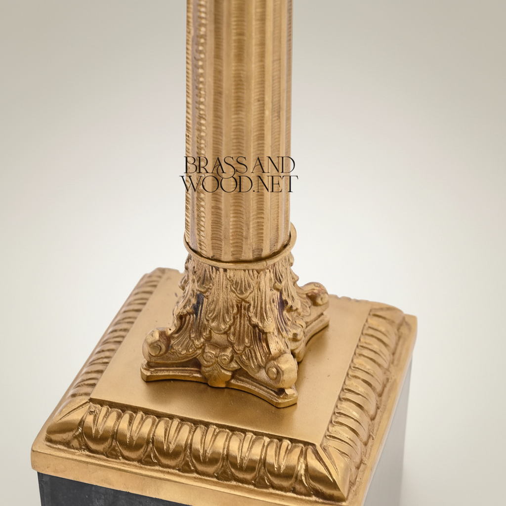 Classical Empire Brass & Marble Table Lamp - Fluted Column with Crystal Accent — Gold