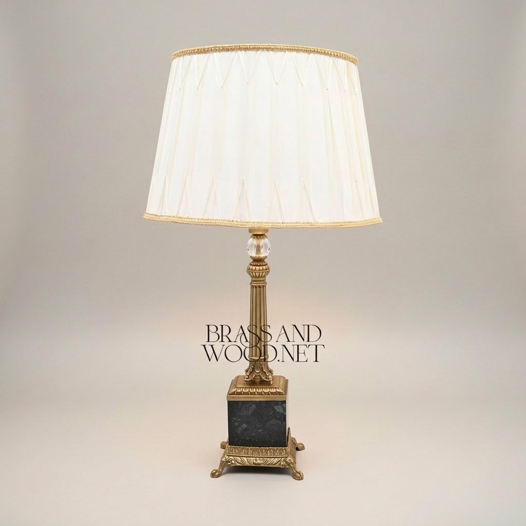 Classical Empire Brass & Marble Table Lamp - Fluted Column with Crystal Accent — Antique Gold