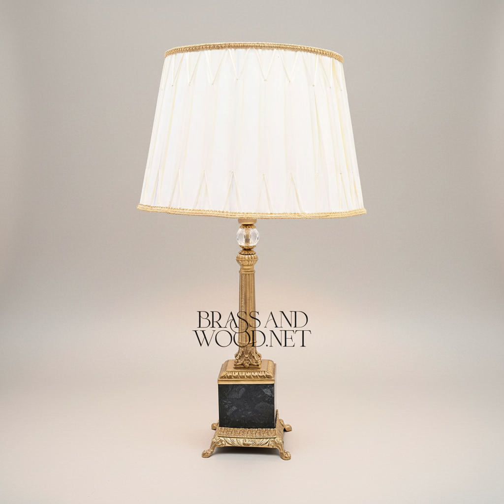 Classical Empire Brass & Marble Table Lamp - Fluted Column with Crystal Accent — Gold