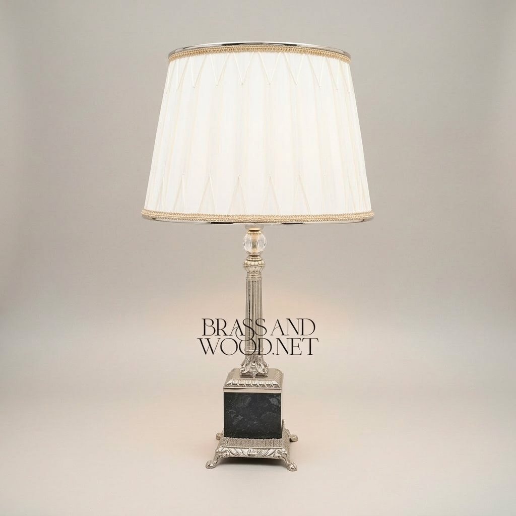 Classical Empire Brass & Marble Table Lamp - Fluted Column with Crystal Accent — Silver