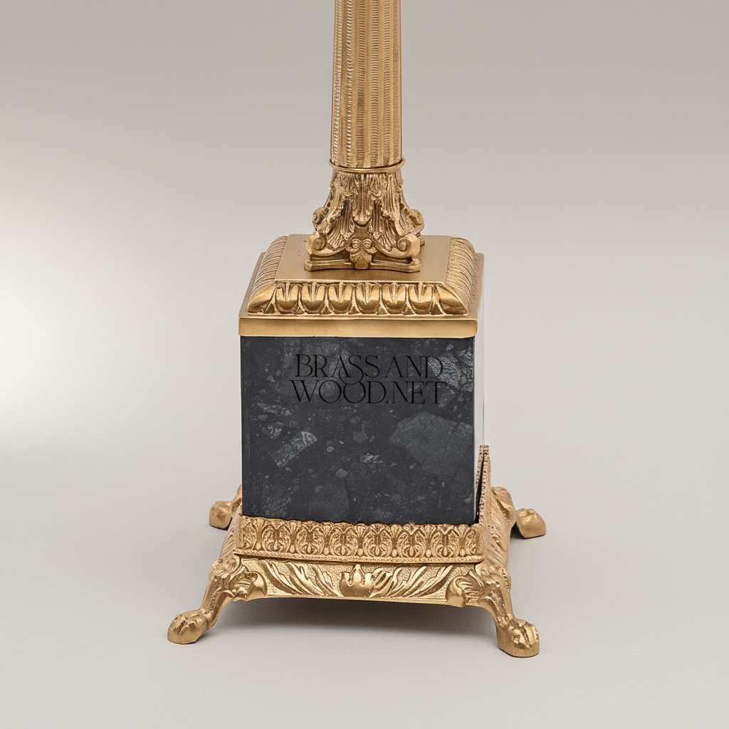 Classical Empire Brass & Marble Table Lamp - Fluted Column with Crystal Accent — Gold