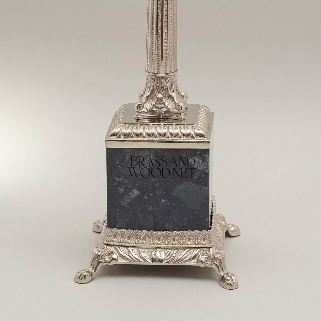 Classical Empire Brass & Marble Table Lamp - Fluted Column with Crystal Accent — Silver