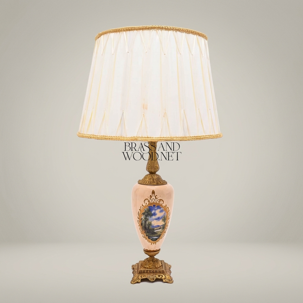 Classical Floral Hand-Painted Ceramic Table Lamp - Ornate Brass Base with Pleated Shade — Antique Gold