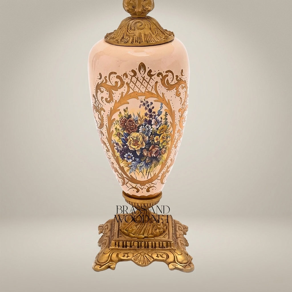 Classical Floral Hand-Painted Ceramic Table Lamp - Ornate Brass Base with Pleated Shade — Antique Gold