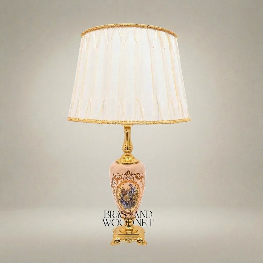 Classical Floral Hand-Painted Ceramic Table Lamp - Ornate Brass Base with Pleated Shade — Gold