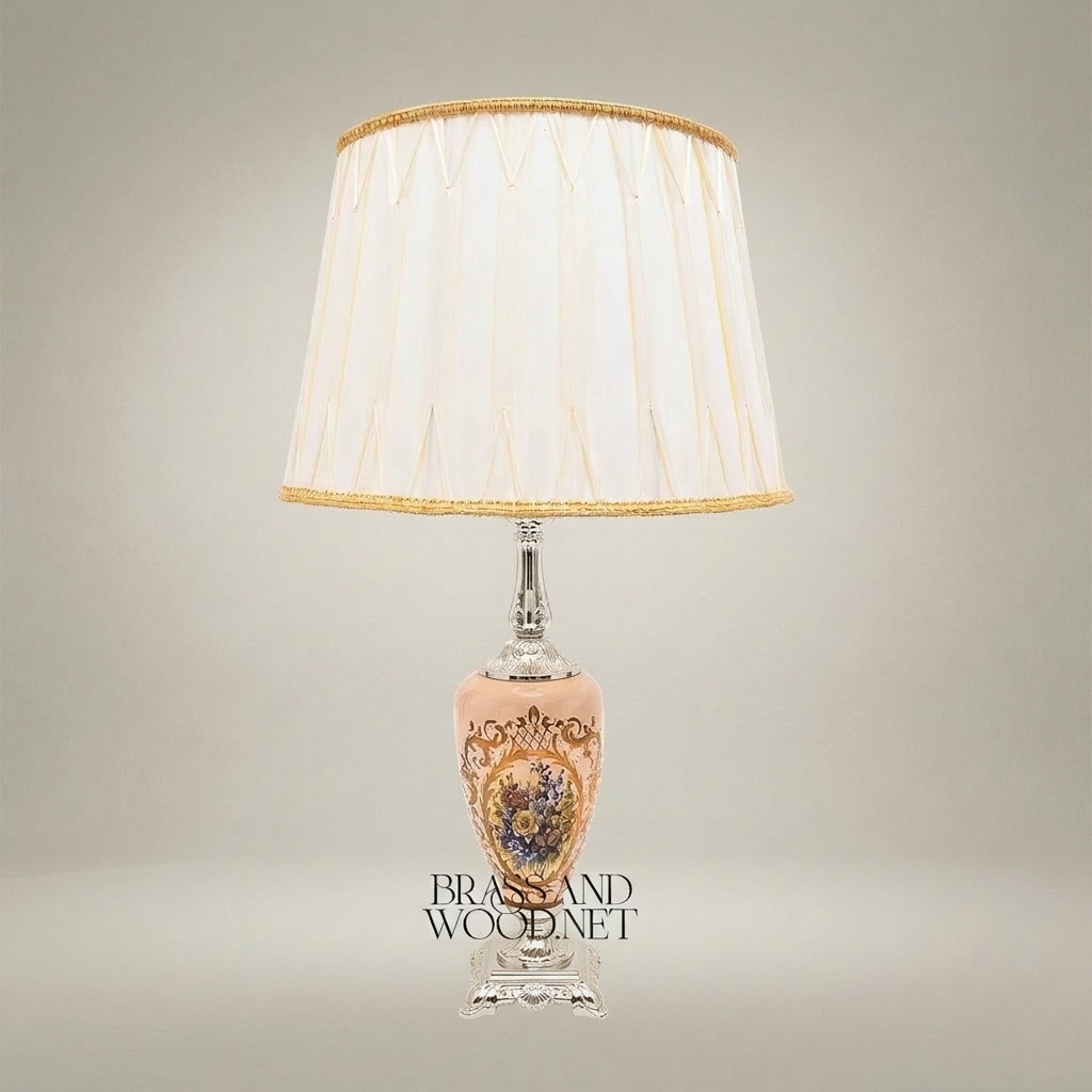 Classical Floral Hand-Painted Ceramic Table Lamp - Ornate Brass Base with Pleated Shade — Silver