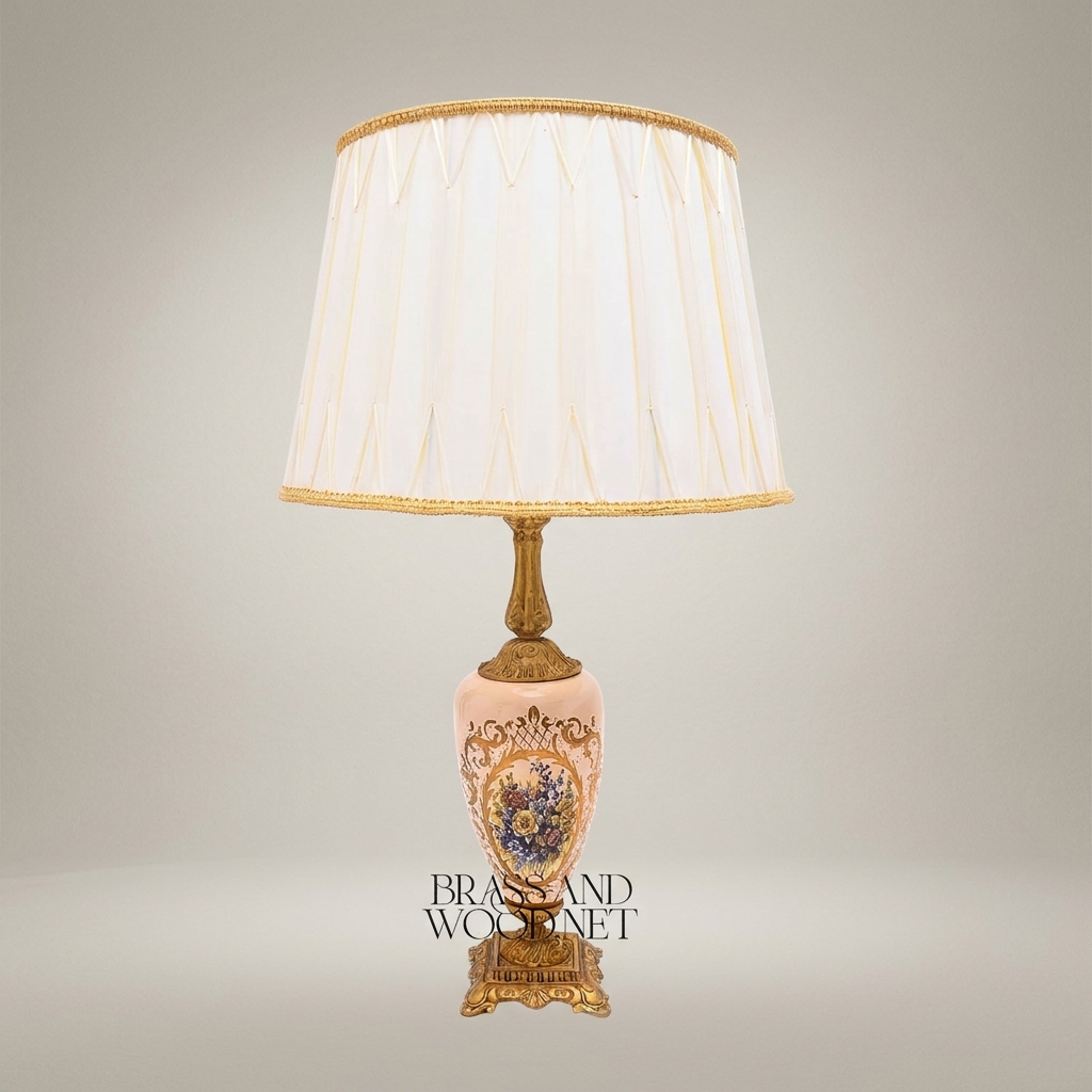 Classical Floral Hand-Painted Ceramic Table Lamp - Ornate Brass Base with Pleated Shade — Antique Gold