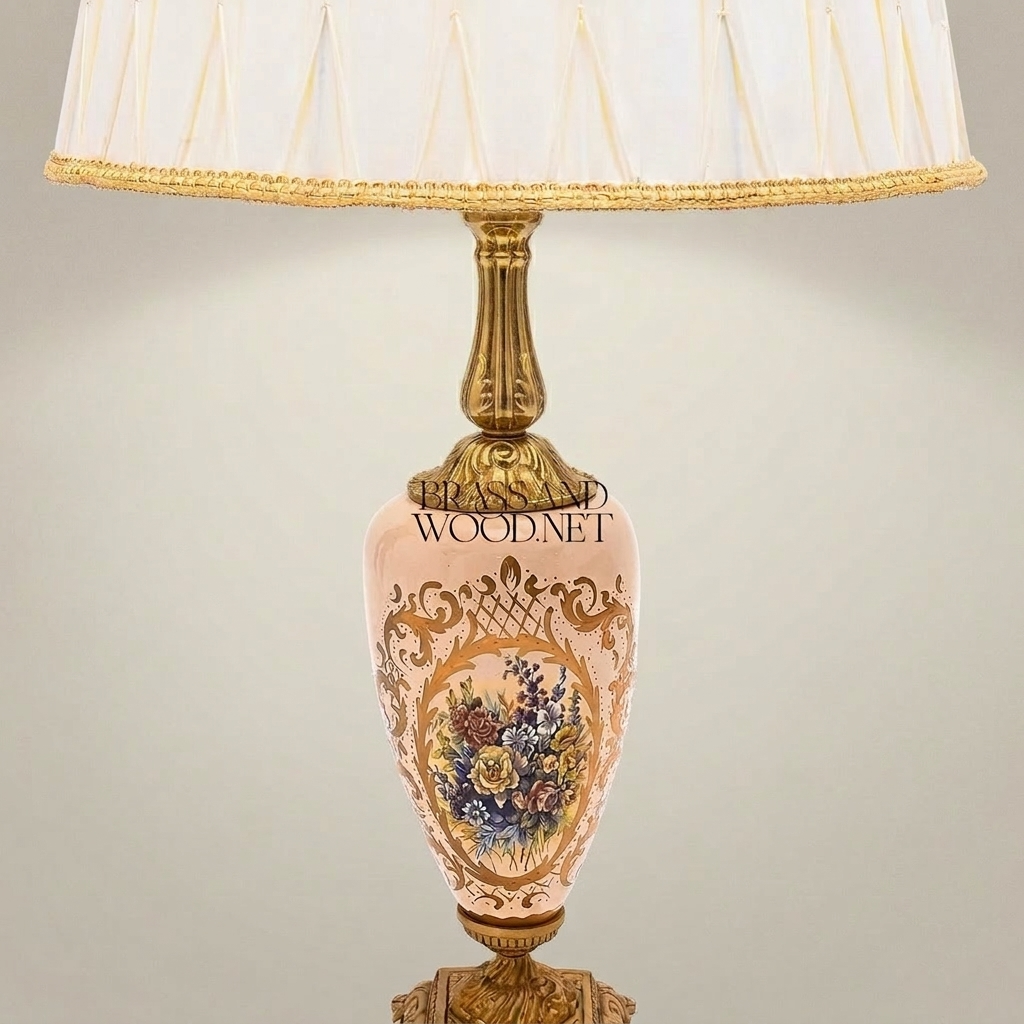 Classical Floral Hand-Painted Ceramic Table Lamp - Ornate Brass Base with Pleated Shade