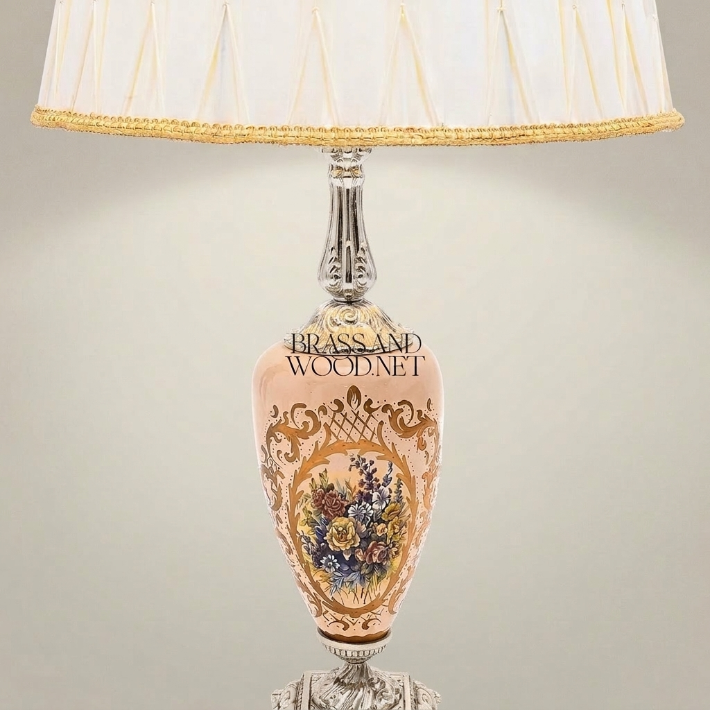 Classical Floral Hand-Painted Ceramic Table Lamp - Ornate Brass Base with Pleated Shade — Silver