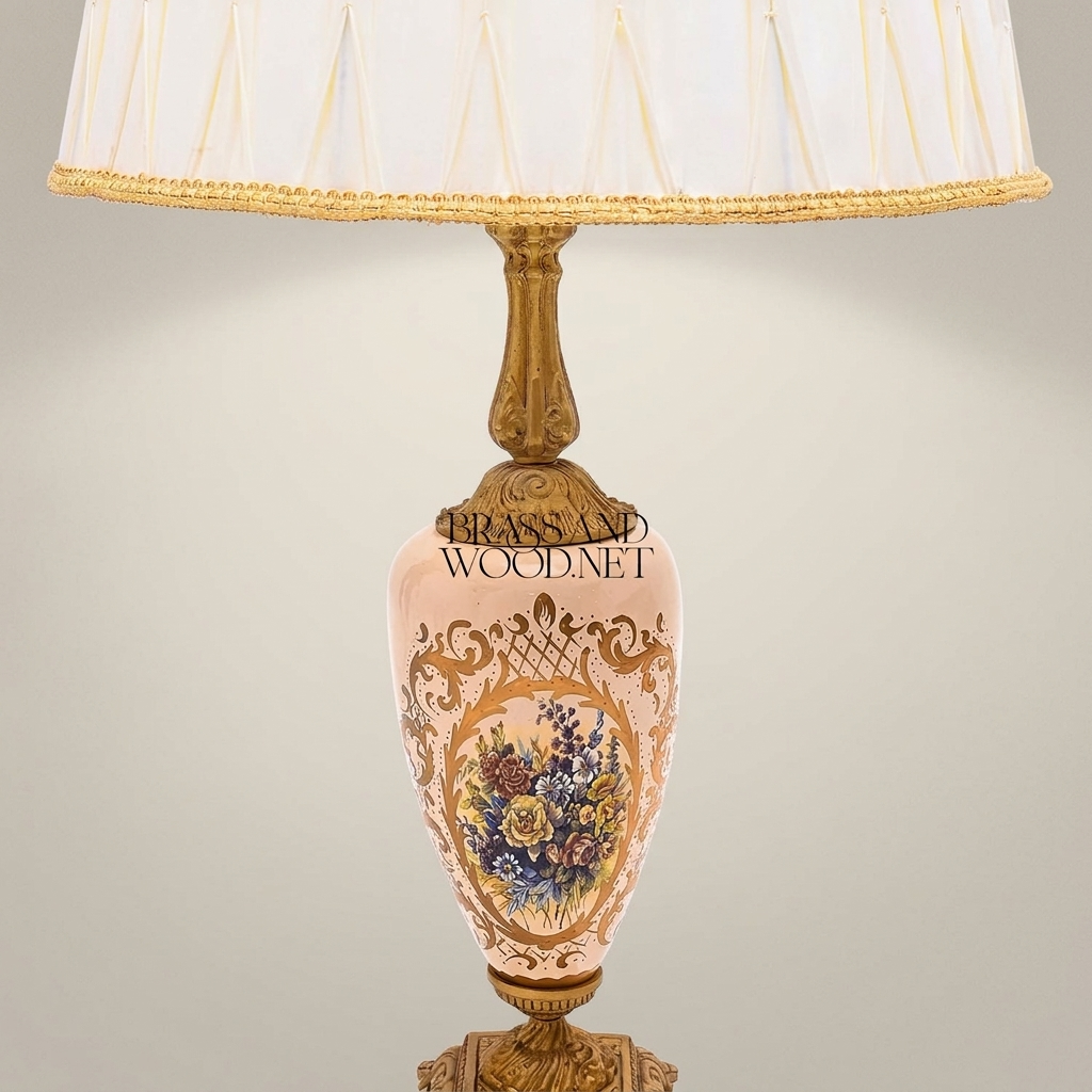 Classical Floral Hand-Painted Ceramic Table Lamp - Ornate Brass Base with Pleated Shade — Antique Gold