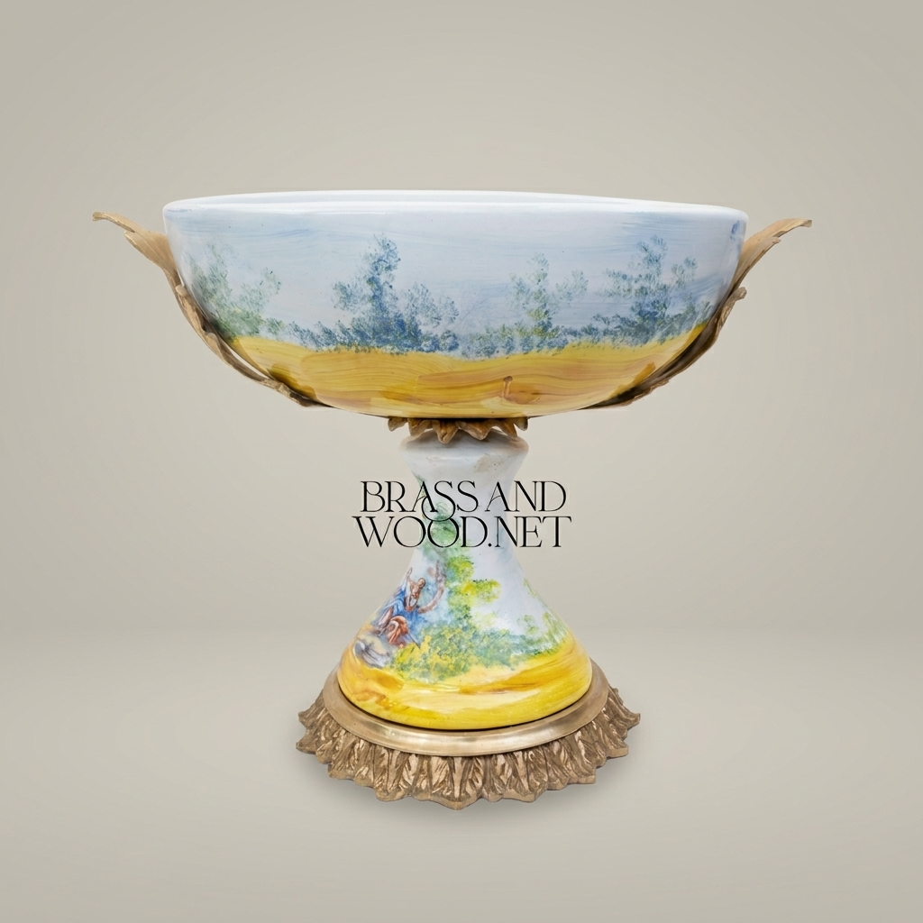 Classical Hand-Painted Porcelain Pedestal Compote Bowl with Brass Filigree Base — Antique Gold