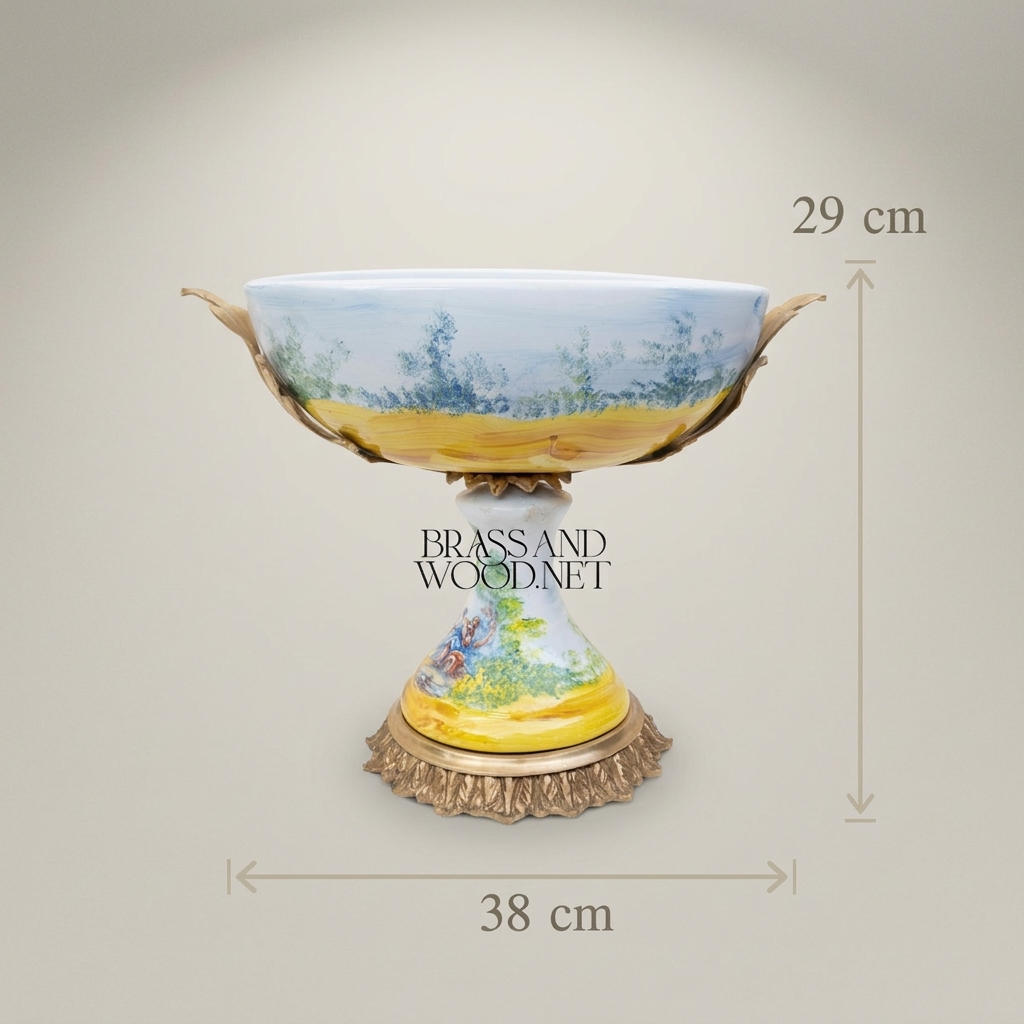 Classical Hand-Painted Porcelain Pedestal Compote Bowl with Brass Filigree Base — Antique Gold