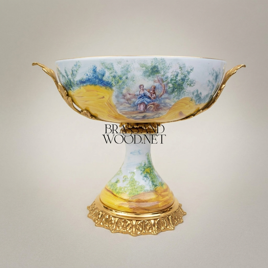 Classical Hand-Painted Porcelain Pedestal Compote Bowl with Brass Filigree Base