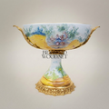 Classical Hand-Painted Porcelain Pedestal Compote Bowl with Brass Filigree Base — Gold