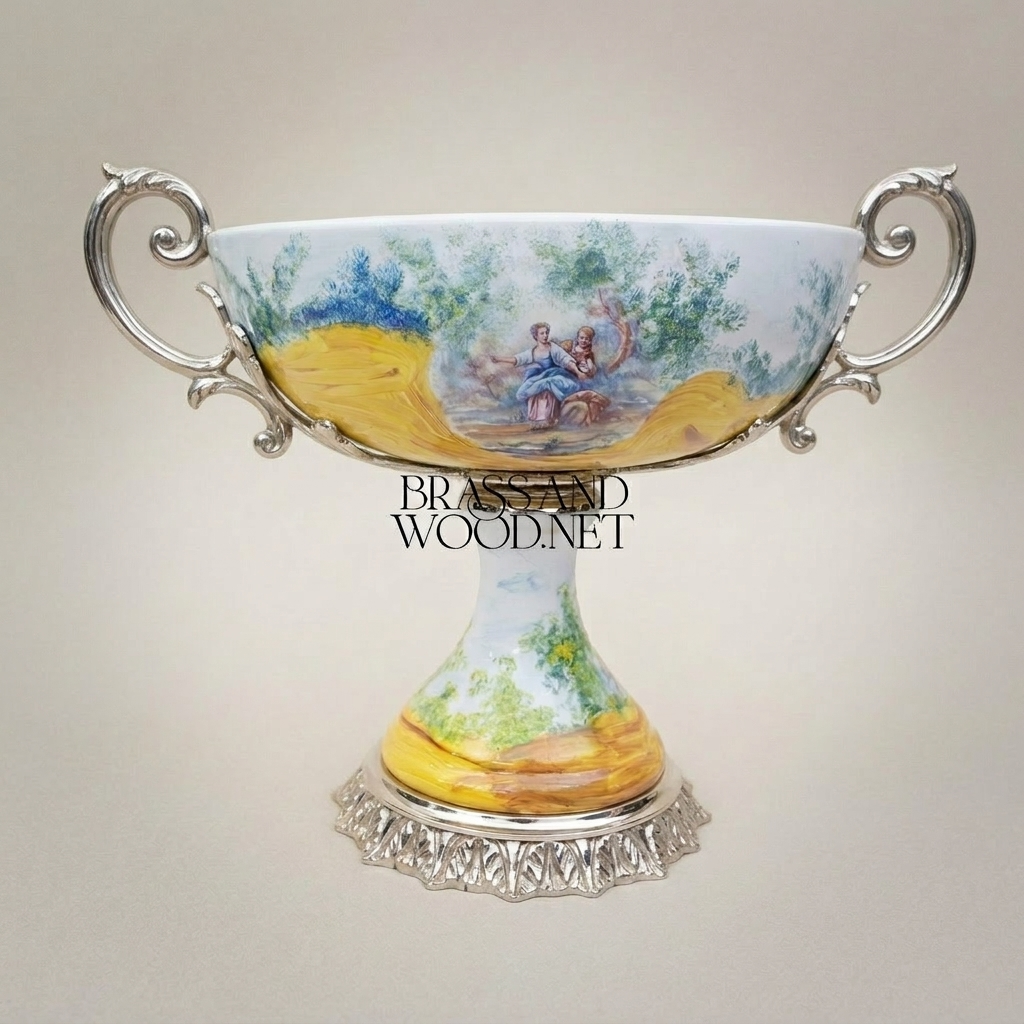 Classical Hand-Painted Porcelain Pedestal Compote Bowl with Brass Filigree Base — Silver