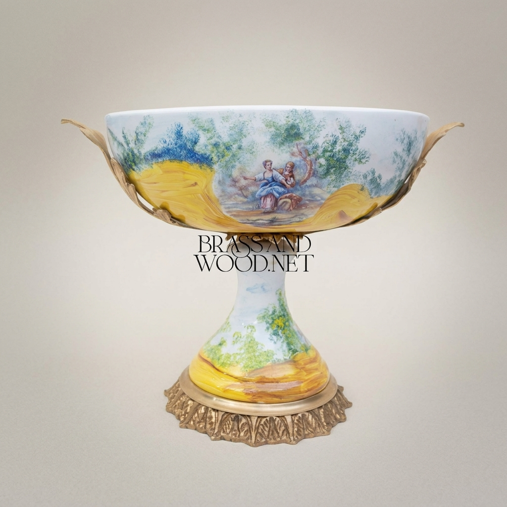 Classical Hand-Painted Porcelain Pedestal Compote Bowl with Brass Filigree Base — Antique Gold