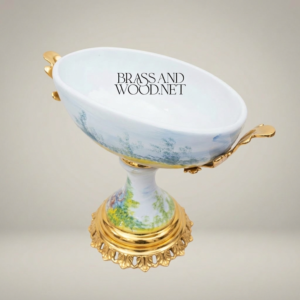 Classical Hand-Painted Porcelain Pedestal Compote Bowl with Brass Filigree Base — Gold