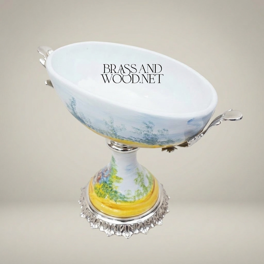 Classical Hand-Painted Porcelain Pedestal Compote Bowl with Brass Filigree Base — Silver