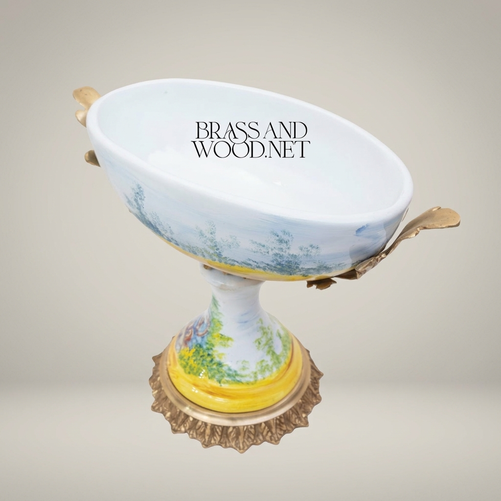 Classical Hand-Painted Porcelain Pedestal Compote Bowl with Brass Filigree Base — Antique Gold