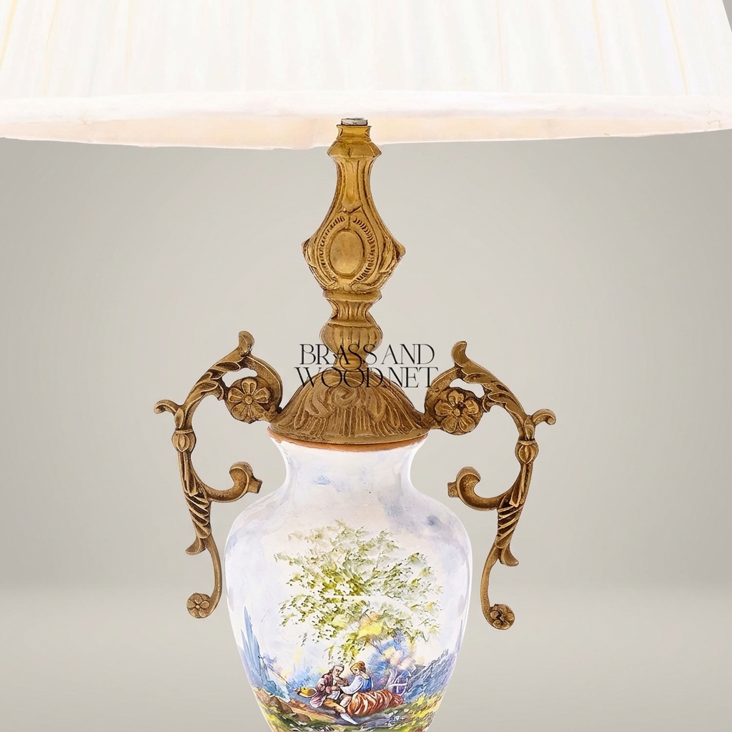 Classical Hand-Painted Porcelain Urn Table Lamp with Ornate Brass Handles — Antique Gold