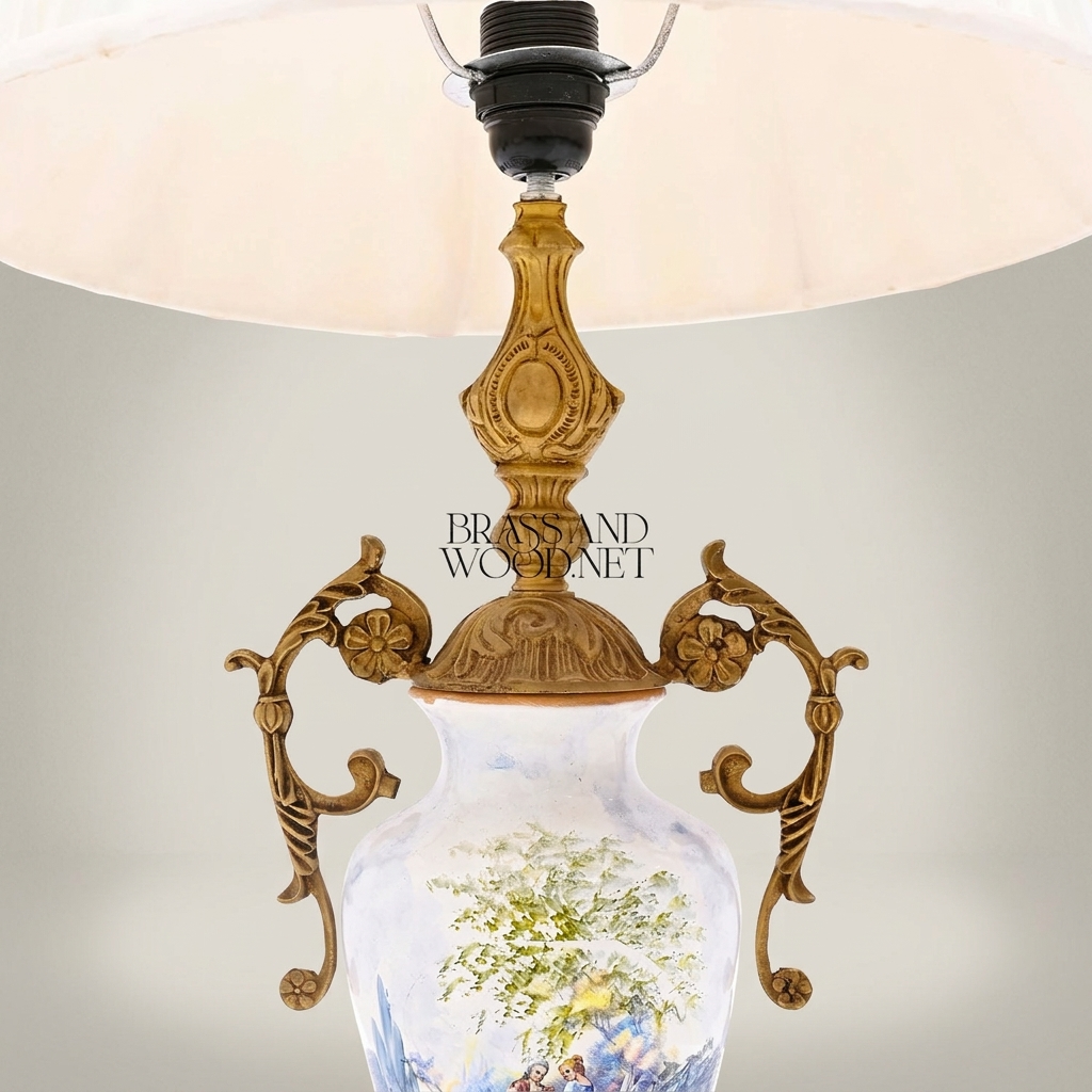Classical Hand-Painted Porcelain Urn Table Lamp with Ornate Brass Handles — Antique Gold