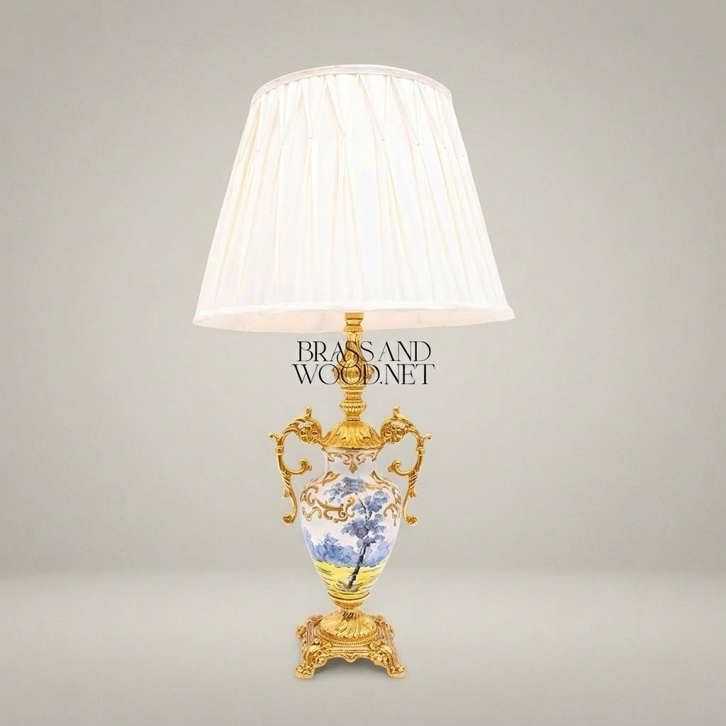 Classical Hand-Painted Porcelain Urn Table Lamp with Ornate Brass Handles