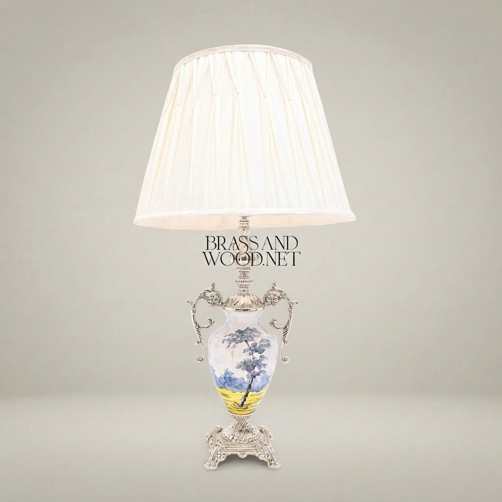 Classical Hand-Painted Porcelain Urn Table Lamp with Ornate Brass Handles — Silver