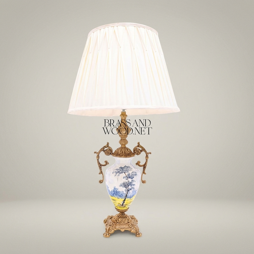 Classical Hand-Painted Porcelain Urn Table Lamp with Ornate Brass Handles — Antique Gold