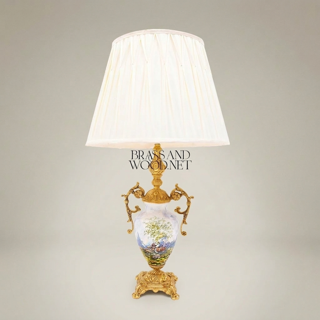 Classical Hand-Painted Porcelain Urn Table Lamp with Ornate Brass Handles — Gold