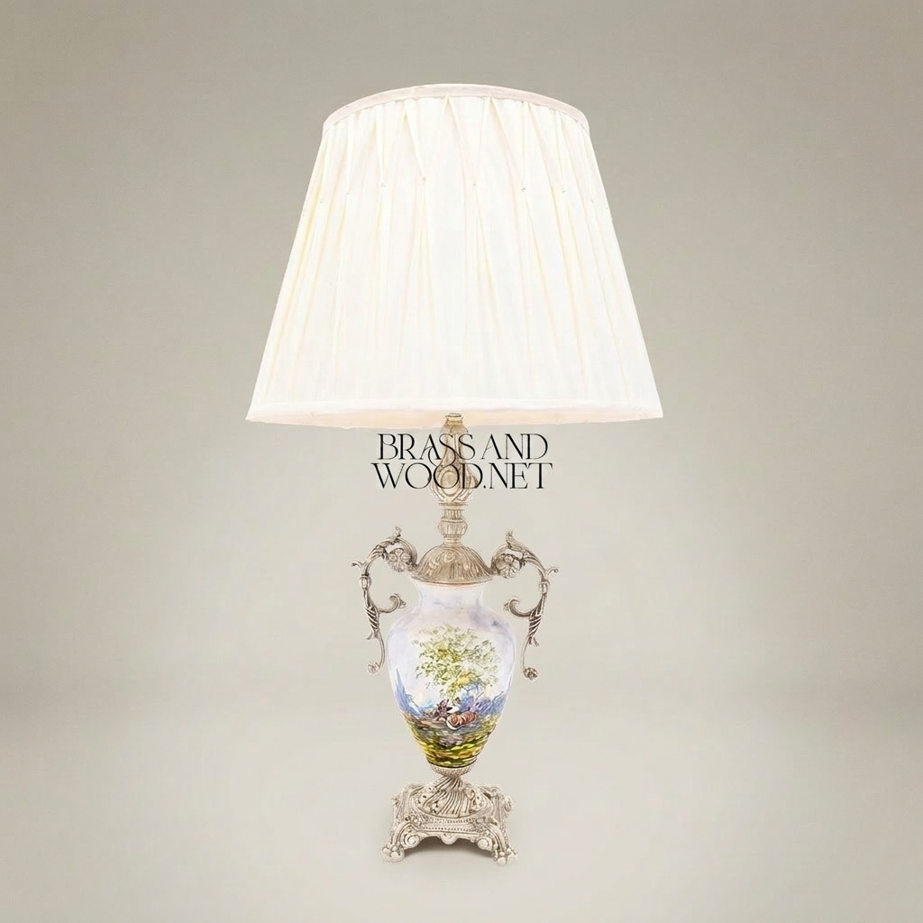 Classical Hand-Painted Porcelain Urn Table Lamp with Ornate Brass Handles — Silver