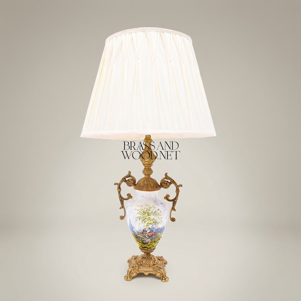 Classical Hand-Painted Porcelain Urn Table Lamp with Ornate Brass Handles — Antique Gold