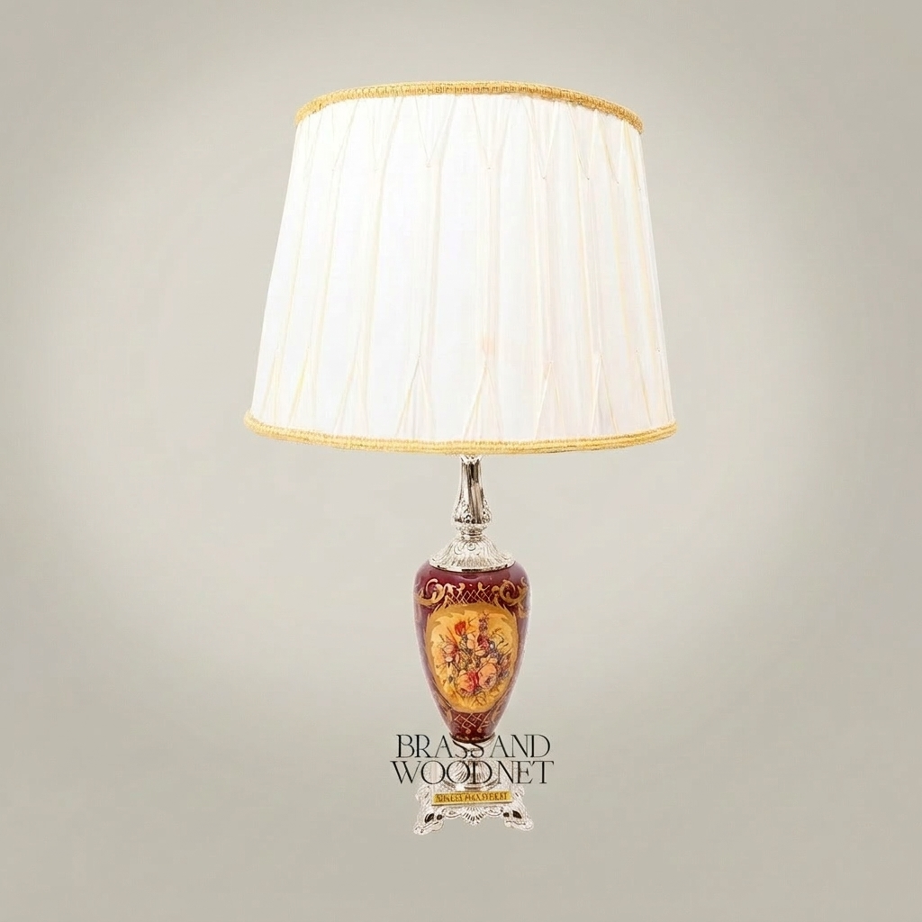 Classical Painted Ceramic Table Lamp - Floral Medallion Urn Base — Silver
