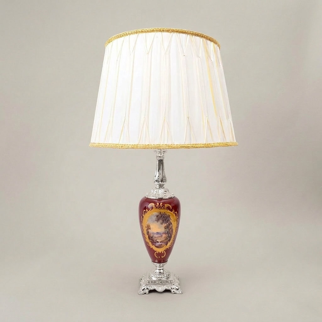 Classical Painted Ceramic Table Lamp - Floral Medallion Urn Base — Silver